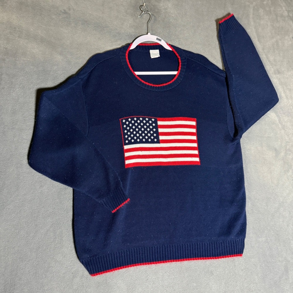 Vintage Mens American Flag Sweater Navy Blue Red Trim Made in USA Large